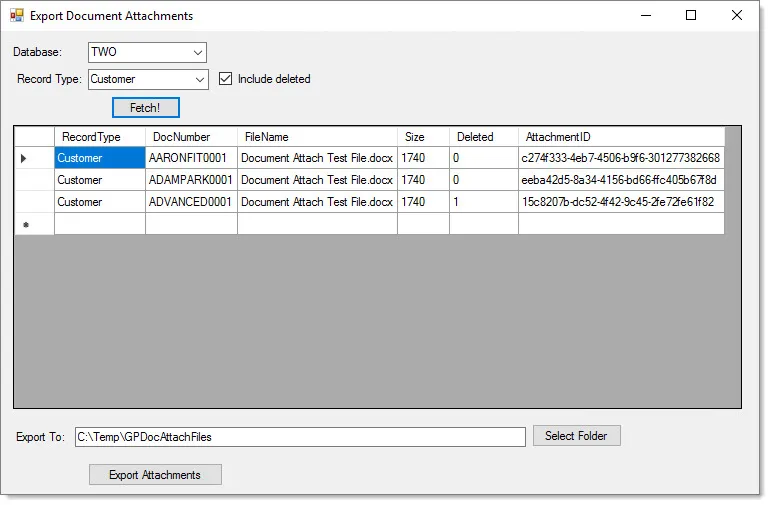 Bulk Export Document Attachments configuration window with database, record type, and deleted-attachment options.