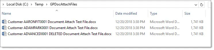 Bulk Export Document Attachments results list showing attachment type, record number, filename, and file size.