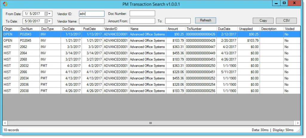 GP Transaction Search PM Transaction Search window listing payables documents, with a record count and a retrieval time of a few milliseconds.