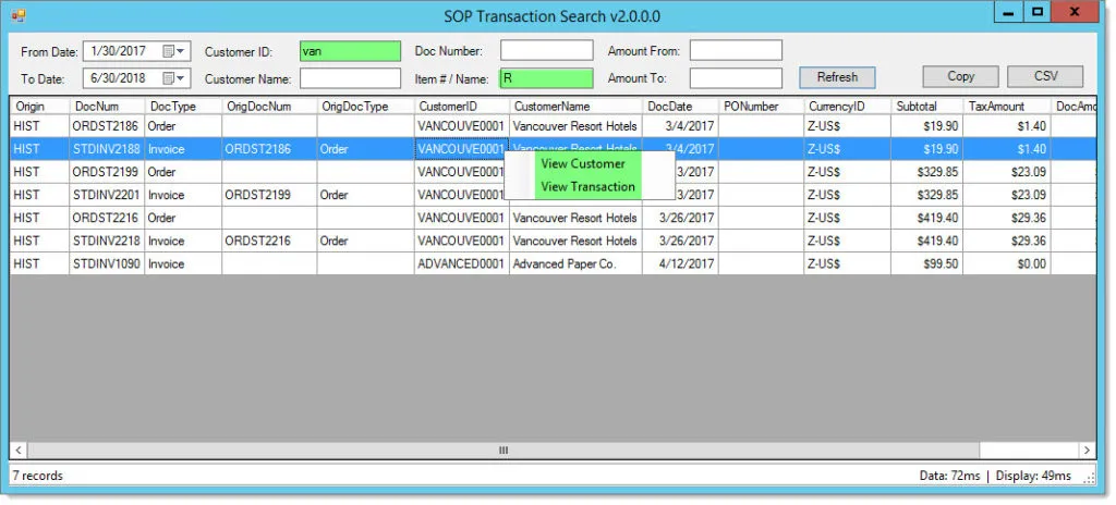 GP Transaction Search SOP Transaction Search window listing sales order processing documents.