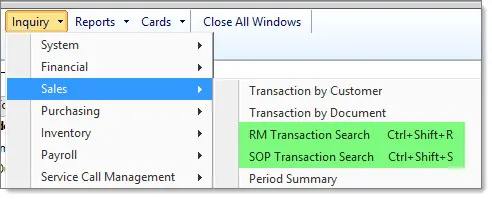 Dynamics GP menu showing custom GP Transaction Search menu items.