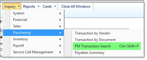 Dynamics GP custom menu for GP Transaction Search showing keyboard shortcuts.